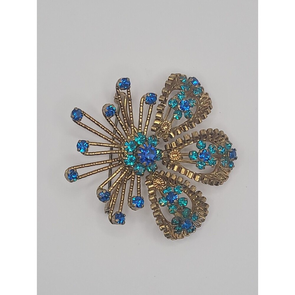Vintage Brooch Starburst Blue Green Rhinestones Gold Tone Ornate Statement - Picture 7 of 16